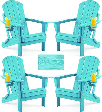 Folding Adirondack Chair, Patio Chair Wood Texture, Outdoor Chair Weather Resistant, Fire Pit Chair with Cup Holder, Composite Adirondack Chair Set of 4(Lakeblue)
