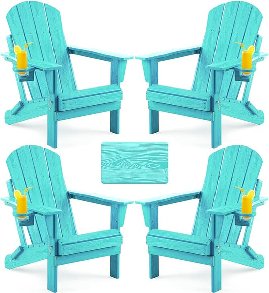 Folding Adirondack Chair, Patio Chair Wood Texture, Outdoor Chair Weather Resistant, Fire Pit Chair with Cup Holder, Composite Adirondack Chair Set of 4(Lakeblue)