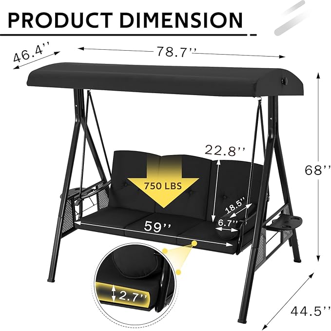 AECOJOY Outdoor Porch Swing with Cover, 3-Seat Patio Swings with Adjustable Canopy, Outside Swing for Adult with Black Removable Cushions for Backyard, Garden, Yard, Poolside, Balcony
