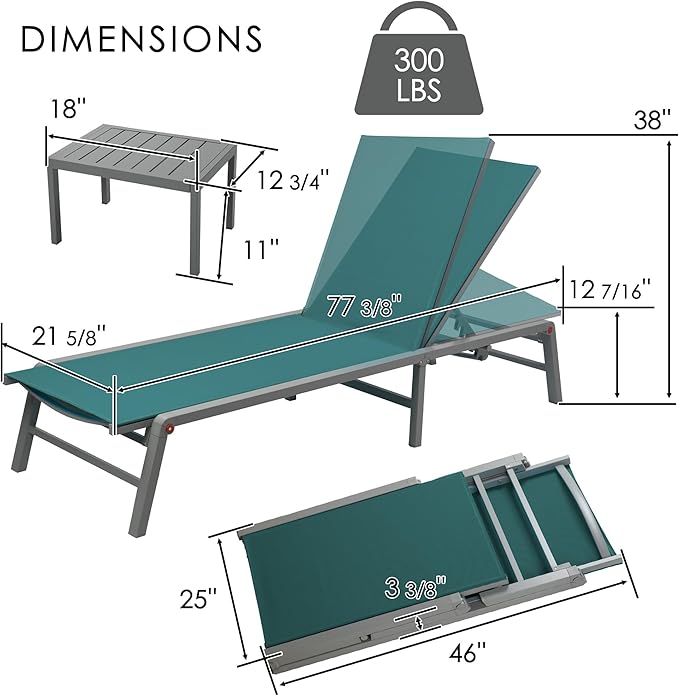 Kozyard 3-Pieces Patio Lounge Set, 2 Foldable Adjustable Lounge Chairs and Side Table, Aluminum Frame, Breathable Textilene Fabric, Assemble-Free, Reclining to Flat for Pool, Beach (MintGreen)