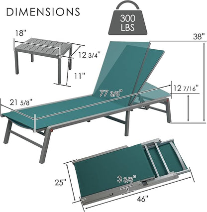 Kozyard 3-Pieces Patio Lounge Set, 2 Foldable Adjustable Lounge Chairs and Side Table, Aluminum Frame, Breathable Textilene Fabric, Assemble-Free, Reclining to Flat for Pool, Beach (MintGreen)