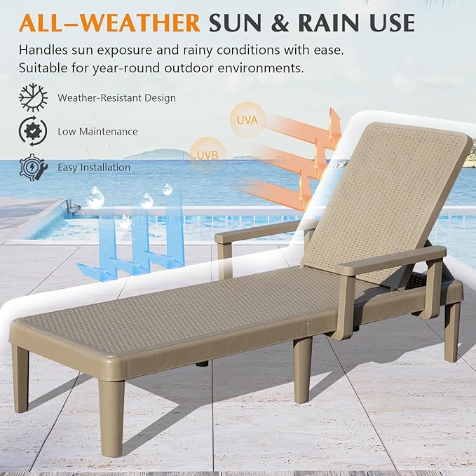 Domi Pool Lounge Chairs Set of 2, Outdoor Lounge Chairs with 6 Positions Backrest Adjustable Armrest, Resin Waterproof Chaise Lounge Outdoor for Poolside Patio Garden Deck
