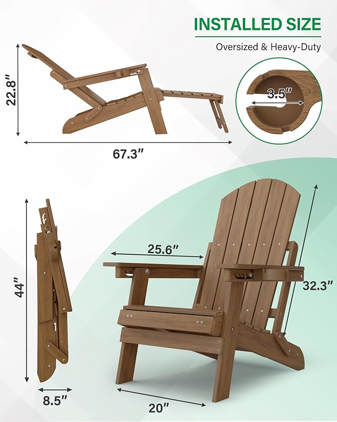 YEFU Adirondack Chair with Retractable Ottoman: Folding Adirondack Chairs Set of 2-5-Level Adjustable Backrest with Footrest - Fire Pit Chairs - Cup Holder - Outdoor Plastic Chair for Patio(Walnut)