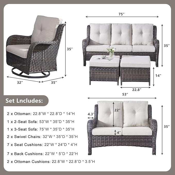 Rilyson Wicker Patio Furniture Set - 6 Piece Rattan Outdoor Sectional Conversation Sets with 2 Rocking Swivel Chairs - Photo 3
