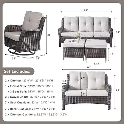 Rilyson Wicker Patio Furniture Set - 6 Piece Rattan Outdoor Sectional Conversation Sets with 2 Rocking Swivel Chairs,2 Ottomans,1 Sofa and 1 Loveseat for Porch Deck Garden(Brown/Beige)