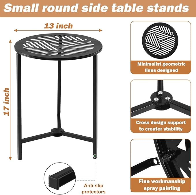Party Zealot Set of 2 Small Round Metal Side Tables, 13-Inch Black Outdoor End Tables for Patio, Balcony - Photo 3