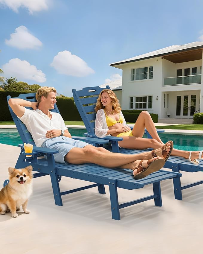 Carauci Lounge Chair Outdoor, HDPE Chaise Lounge with Wheels - Photo 2