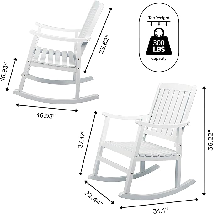 JONATHAN Y RCK102C Penny Classic Slat-Back 300-Lbs Support Acacia Wood Patio Outdoor Rocking Chair for Garden, Lawn, Backyard, Pool, Deck, Beach, Firepit, White