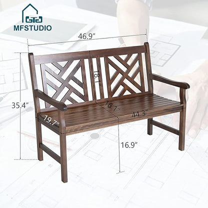 MFSTUDIO Outdoor Acacia Wood Garden Bench with Backrest and Armrest, 2-Person Slatted Seat Bench Patio Furniture for Porch Park Yard, Weight Capacity 600 lbs(Brown)