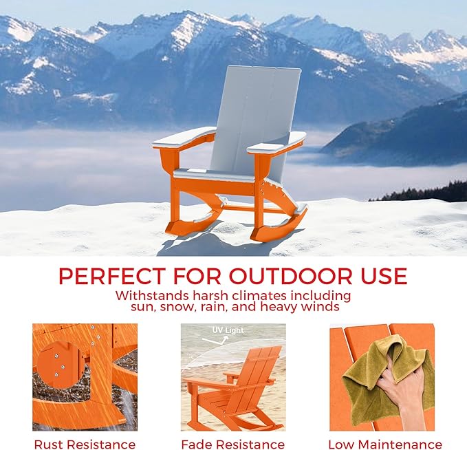 Costaelm Outdoor Adirondack Chair, All Weather Resistant Lawn Chairs Balcony Chair and Fire Pit Chairs, Patio Chair Outdoor Porch Rocking Chair High Back HDPE Poly Lumber, Orange