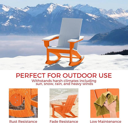 Costaelm Outdoor Adirondack Chair, All Weather Resistant Lawn Chairs Balcony Chair and Fire Pit Chairs, Patio Chair Outdoor Porch Rocking Chair High Back HDPE Poly Lumber, Orange