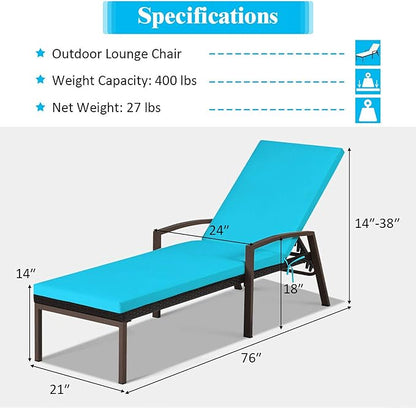 DORTALA Set of 2 Patio Chaise Lounge, Outdoor Wicker Rattan Chaise with Adjustable Backrest and Armrest for Beach Pool Yard, Rattan Sun Lounger with Padded Cushion, Turquoise