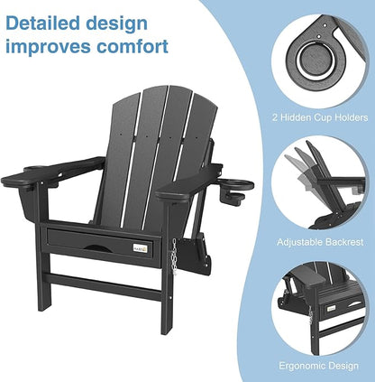 Mdeam 3-Level Adjustable Adirondack Chair with Retractable Ottoman, HDPE All-Weather Folding Fire Pit Chair with 2 Cup Holders, Outdoor Chair for Deck Patio Garden Backyard Lawn (Black)