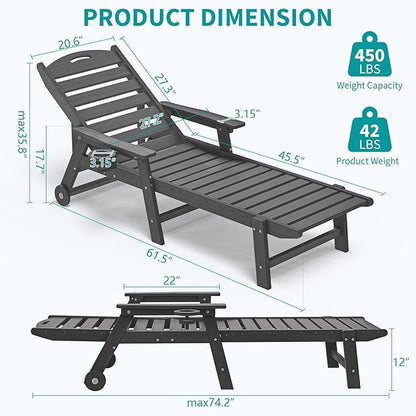 Plawdlik Oversized Patio Chaise Lounge, 5 Positions Adjustable HDPE Outdoor Lounge Chair with Rolling Wheels & Cup Holder,All-Weather for Poolside, Beach, Garden - Gray