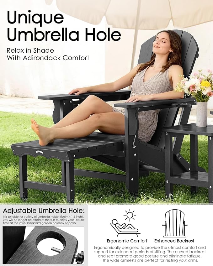 Folding Adirondack Chair with Ottoman, Recyclable HDPE Adirondack Patio Chair with 2 Cup Holder, Outdoor Fire Pit Chairs with Pull Out Footrest, Weather Resistant for Garden, Deck, Poolside, Grey