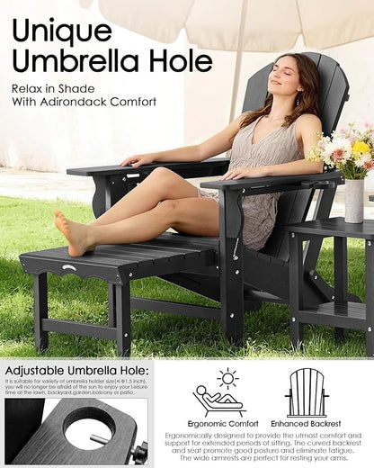 Folding Adirondack Chair with Ottoman, Recyclable HDPE Adirondack Patio Chair with 2 Cup Holder, Outdoor Fire Pit Chairs with Pull Out Footrest, Weather Resistant for Garden, Deck, Poolside, Grey