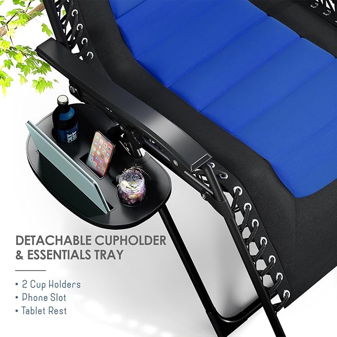 Nestl Outdoor Padded Zero Gravity Chair, Patio Lounge Chair Outdoor Recliner, Oversized Anti Gravity Lounger with Adjustable Headrest and Cup Holder, Foldable for Camping, Yard - Black/Blue