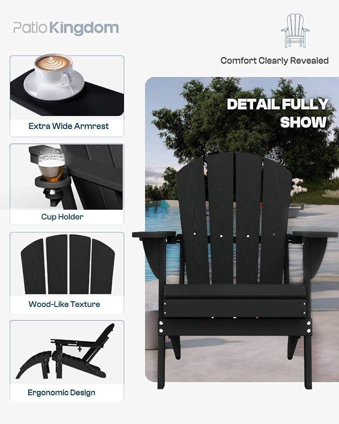 Black 6-Piece Folding Adirondack Chair Set with Cup Holders, Ottomans - Photo 5