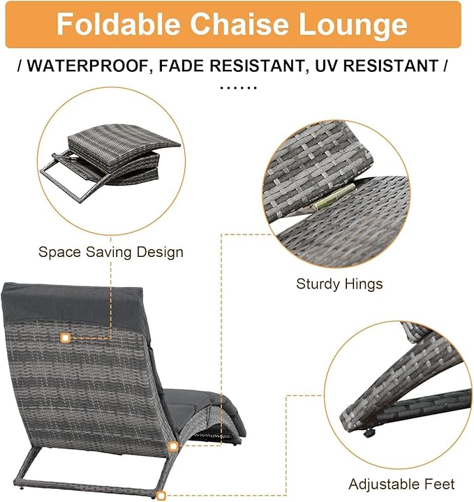 JOIVI Patio Chaise Lounge, Outdoor Lounge Chair, PE Rattan Folding Chaise Lounger with Removable Dark Gray Cushion - Photo 3