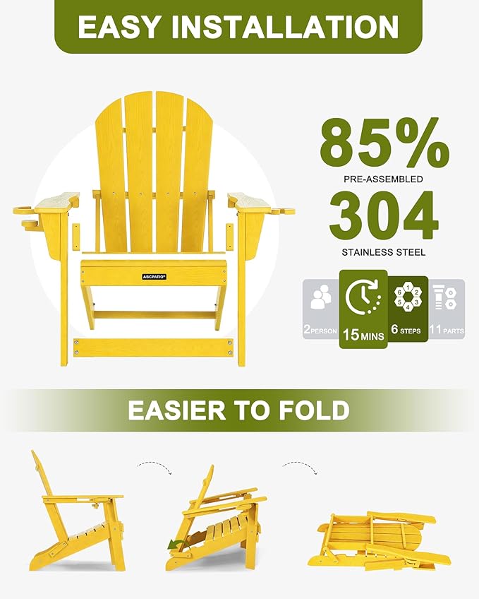 Folding Adirondack Chair with Dual Cup Holders, All-Weather HDPE Patio Chair Deck Chairs Outdoor, Fire Pit Chairs for Garden, Lawn, Poolside, Backyard, Pool - Yellow (Wood-Look)