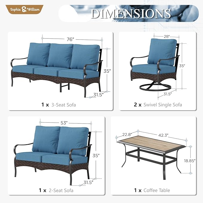 Sophia & William Patio Furniture Set, 5PCS Metal Outdoor Conversation Set with 3-Seater Outdoor Couch, 2 Swivel Chairs - Photo 7