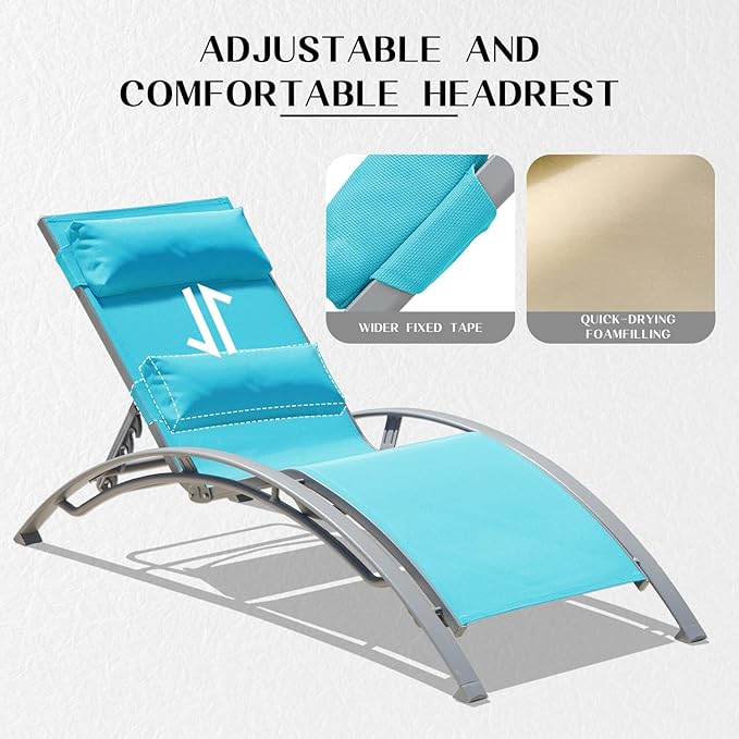 Domi Pool Lounge Chairs Set of 3, Adjustable Aluminum Outdoor Chaise Lounge Chairs with Metal Side Table, All Weather for Deck Lawn Poolside Backyard -Lake Blue Textilene