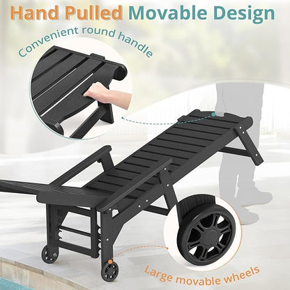 LUE BONA Lounge Chair Outdoor Set of 4, HDPS Chaise Lounge Outdoor with Wheels, 5 Positions Adjustable Pool Lounger Chairs for Outside, Patio, Deck, Black