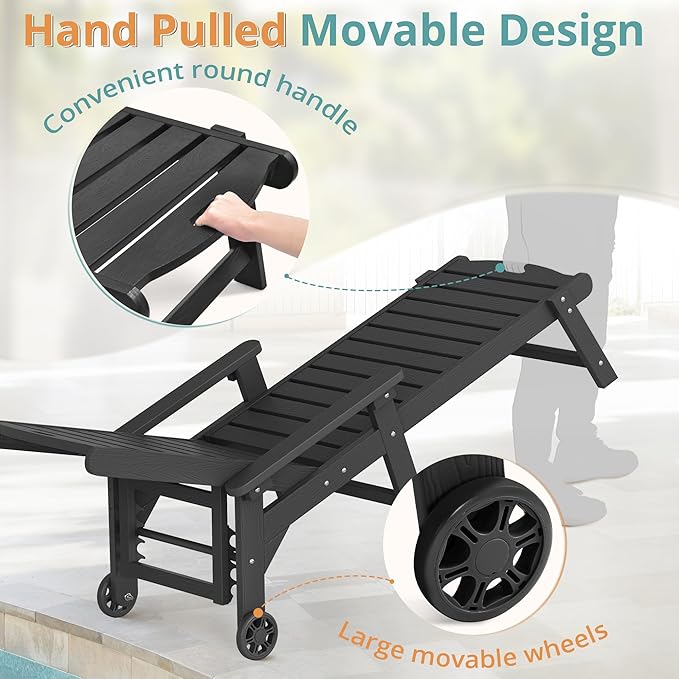 LUE BONA Outdoor Lounge Chair Set with Table, 6-Piece, HDPS Chaise Lounge Outdoor with Wheels, 5 Positions Adjustable Pool Lounger Chairs for Outside, Patio, Deck, Black