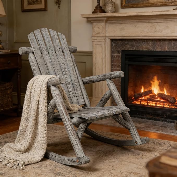 Adirondack Rocking Chair, Solid Fir Wood Patio Rocker with Ergonomic Comfort for Porch, Patio, Garden, Backyard(Gray)