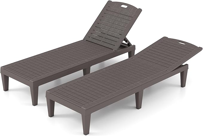 Tangkula Lounge Chair Outdoor Set of 2, Patio PP Pool Lounge Chairs with 5-Position Adjustable Backrests, Easy Assembly, Recliner Chaise Lounger for Poolside, Deck, Backyard, Porch (2, Brown)