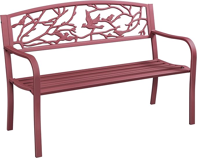 Yaheetech Outdoor Garden Bench Patio Furniture Chair Outdoor with Vintage Bird Pattern Backrest, Slatted Seat, Antique Metal Bench for Yard & Porch & Park, Red