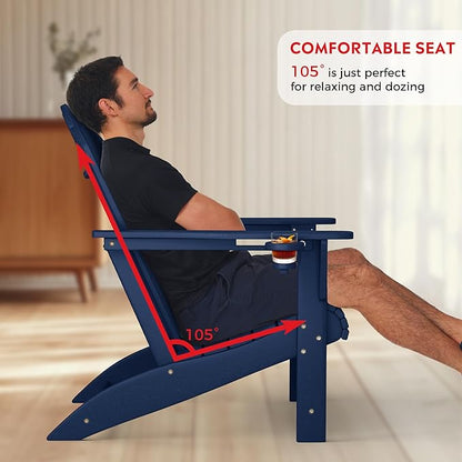 Costaelm Lakeview 3-Piece Adirondack Chairs with Cup Holders and Coffee Table Set, Navy Blue