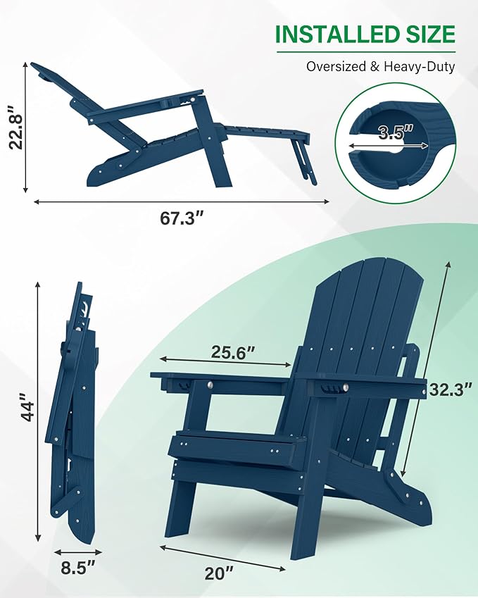 YEFU Adjustable Adirondack Chair with Retractable Ottoman Set of 6,Folding Adirondack Chair with Cup-Holder, Outdoor Chairs with Footrest,Weather Resistant Fire Pit Chairs,for Patio Lawn