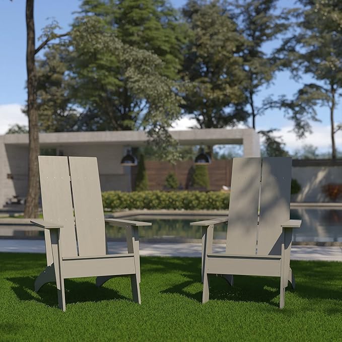 Flash Furniture Set of 2 Sawyer Modern 2-Slat Back Adirondack Chairs - Gray All-Weather Poly Resin Lounge Chairs