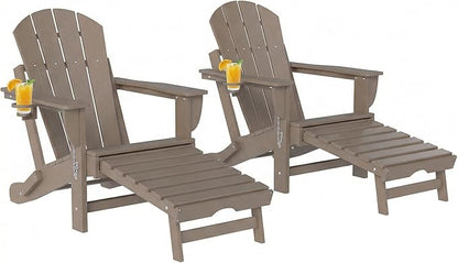 Outsunny Folding Adirondack Chair Set of 2, Outdoor HDPE Fire Pit Chair with Retractable Ottoman, Cup Holder and Large Seat for Deck, Garden, Backyard, Brown