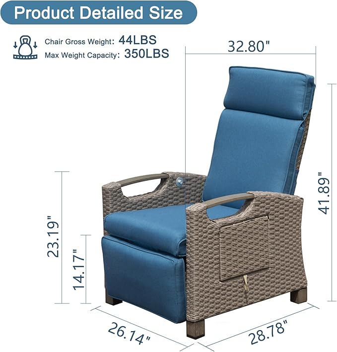 Domi Outdoor Recliner Chair, Patio Recliner with Hand-Woven Wicker, Flip Table Push Back, Adjustable Angle, Thickness Cushions, Reclining Lounge Chair for Indoor & Outdoor, Navy Blue