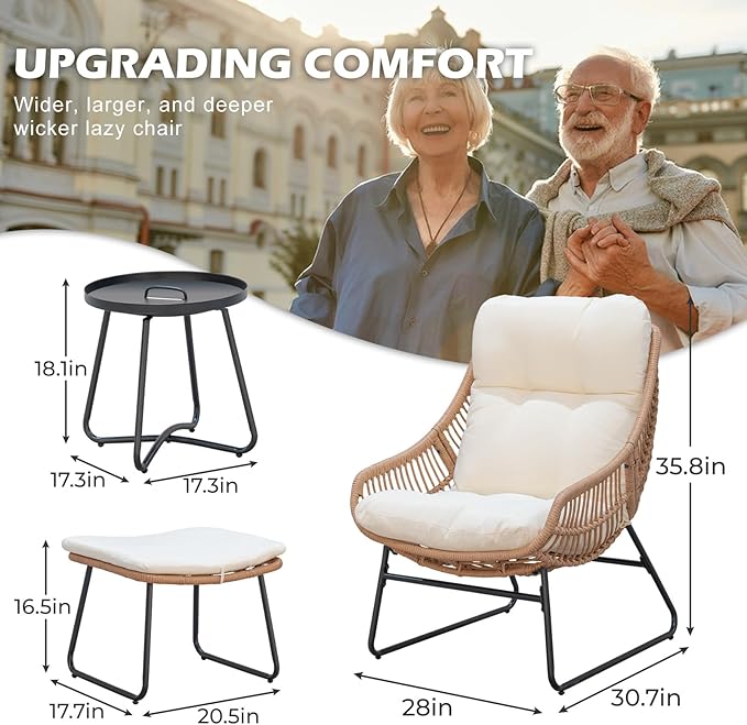 Outdoor Wicker Papasan Egg Chair with Ottoman, Patio Basket Lounge Chair Indoor Egg-Shaped Rattan Reading Lounger with Thick Cushion and Table for Living Room Bedroom Balcony Porch, Beige
