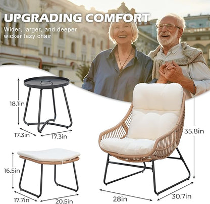 Outdoor Wicker Papasan Egg Chair with Ottoman, Patio Basket Lounge Chair Indoor Egg-Shaped Rattan Reading Lounger with Thick Cushion and Table for Living Room Bedroom Balcony Porch, Beige