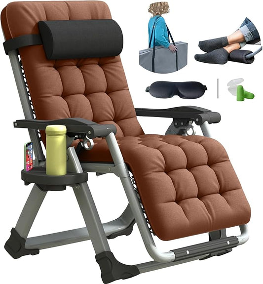 Oversized Zero Gravity Chair, XL Lounge Chair 29” Width, Padded Recliner Chair W/Removable Cushion & Adj Headrest, Storage Bag, Footrest Cushion, Cup Holder, for Indoor Outdoor, Brown