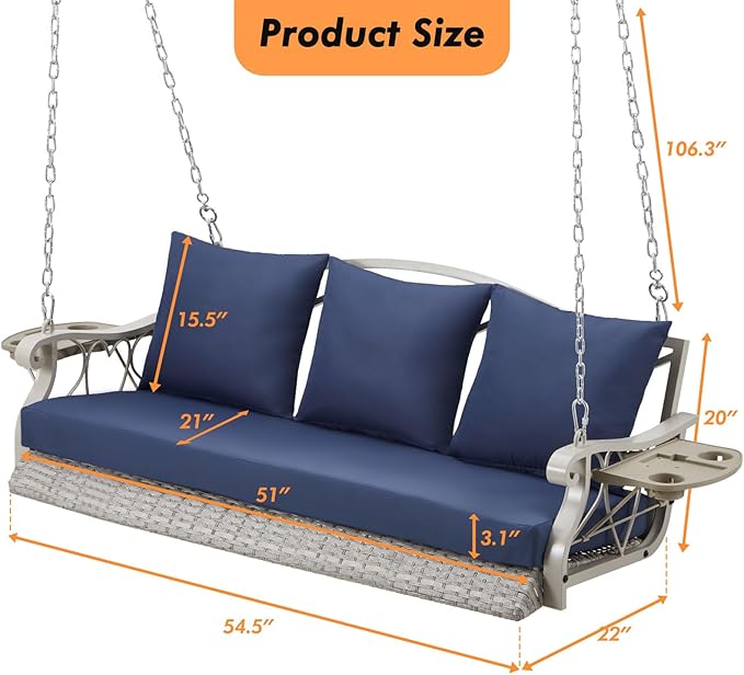 Heavy Duty 900 LBS Porch Swing Chair 3-Person Outdoor Rattan Patio Swing Lounge w/Cup-Holder & Steel Chains Wicker - Photo 6
