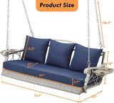 Heavy Duty 900 LBS Porch Swing Chair 3-Person Outdoor Rattan Patio Swing Lounge w/Cup-Holder & Steel Chains Wicker - Photo 6