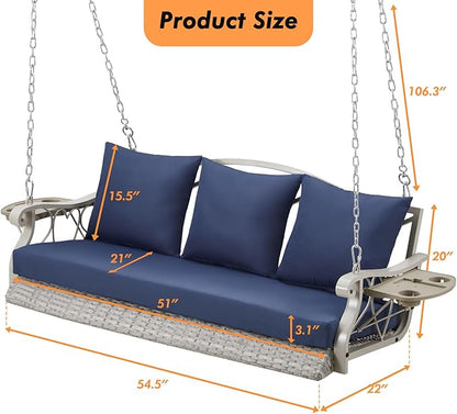 Heavy Duty 900 LBS Porch Swing Chair 3-Person Outdoor Rattan Patio Swing Lounge w/Cup-Holder & Steel Chains Wicker Hanging Bench Porch Swing Cushions for Deck & Backyard & Garden