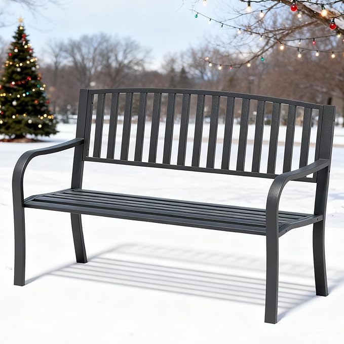 YLGJ&TIDY 50 Inches Garden Benches for Outdoor Patio Bench with Stripe Pattern Backrest Armrest Weatherproof Park Benches Metal Bench for Garden Park Porch Lawn Yard (BENCH08)