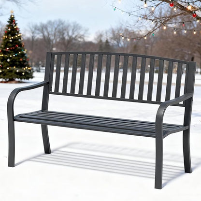 YLGJ&TIDY 50 Inches Garden Benches for Outdoor Patio Bench with Stripe Pattern Backrest Armrest Weatherproof Park Benches Metal Bench for Garden Park Porch Lawn Yard (BENCH08)
