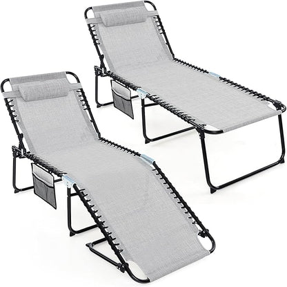 Goplus Chaise Lounge Chair Outdoor, Extra Large Folding 5-Postion Beach Lounger with Detachable Pillow, Side Pocket, Sunbathing Lounge Chair, Adjustable Tanning Chair for Patio Lawn Pool Yard