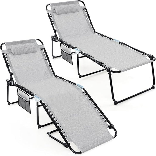 Goplus Chaise Lounge Chair Outdoor, Extra Large Folding 5-Postion Beach Lounger with Detachable Pillow, Side Pocket, Sunbathing Lounge Chair, Adjustable Tanning Chair for Patio Lawn Pool Yard