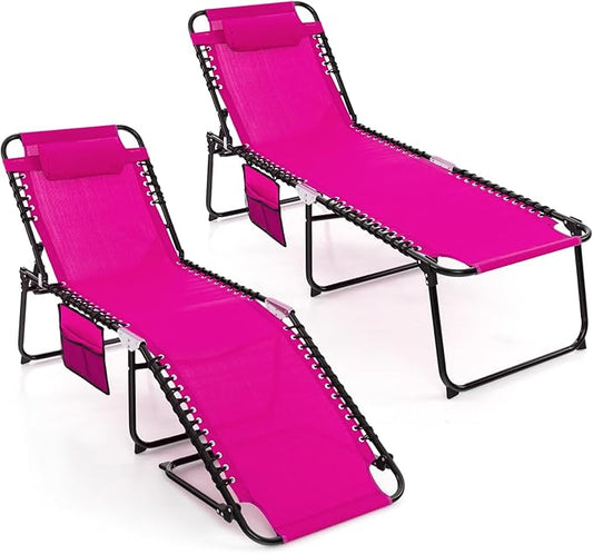 Goplus Folding Beach Lounge Chair w/Pillow for Patio Backyard Park Indoor and Outdoor, Adjustable 4-Level Backrest and 2-Level Footrest (Pink, 2 PCS Ordinary Size)