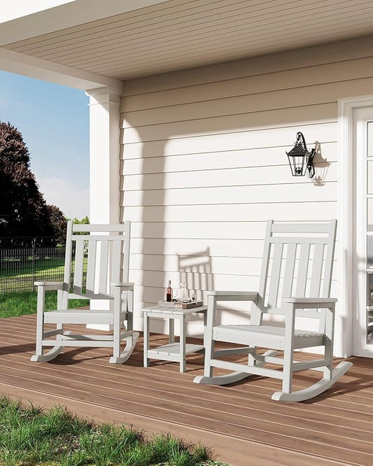 HDPE Outdoor High Back Adirondack Rocking Chair, All-Weather Patio Furniture for Adults, 380lbs Weight Capacity, Low-Maintenance Porch Rocker for Backyard/Garden, White