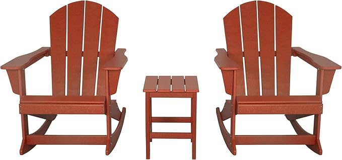 WO WESTIN OUTDOOR HDPE Laguna Outdoor Rocking Poly Adirondack Chair with Side Table 3-Piece Set, Red