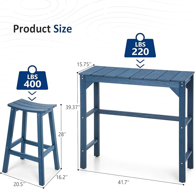 3 Piece Outdoor Bar Set, 42" Rectangular Pub Height High Top Bar Table & 2 Outdoor Bar Stools for Patio, Garden - Photo 3